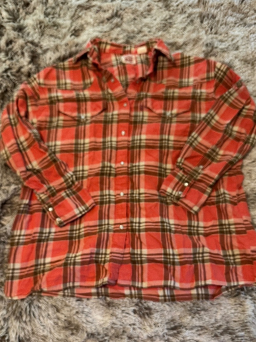 Orange and Brown Plaid Levi's Flannel Shirt with Pearl Snaps